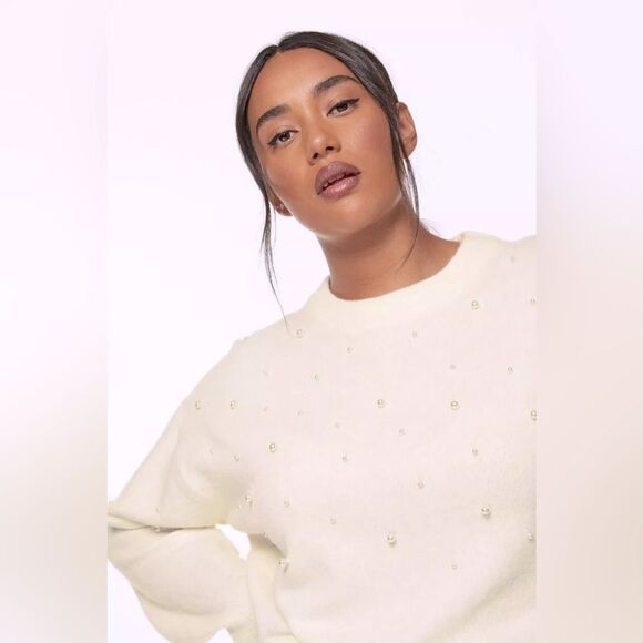 H&M Wool Pearl Studded Oversized Crewneck Sweater Women's Small Preppy Holiday - Picture 1 of 12